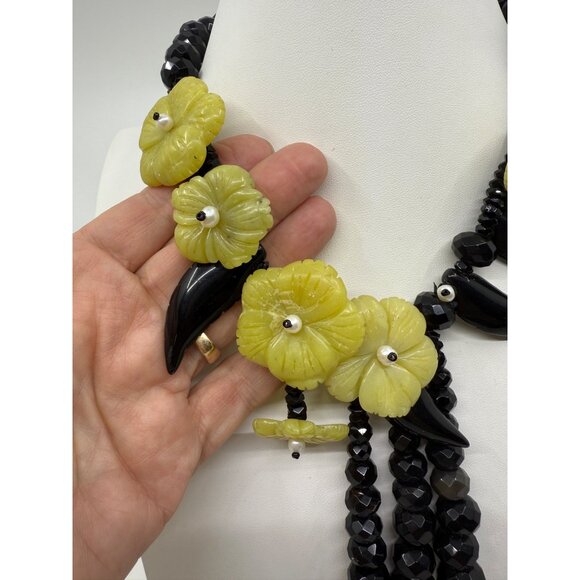 Chunky Beaded Yellow Jade Black Onyx Glass Statement Necklace Big Tropical Stone - Picture 5 of 9